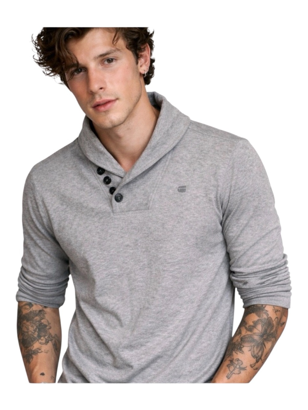 G-Star Raw Ezra t-shirt long sleeve slim fit jersey  gray shawl neck medium